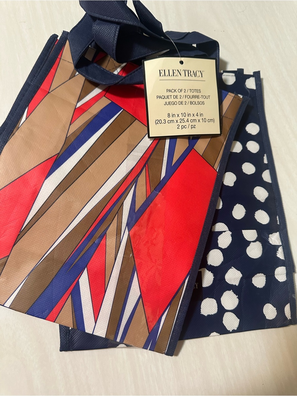 Ellen Tracy Geometric Tote in Red, Blue & Brown - Picture 2 of 4